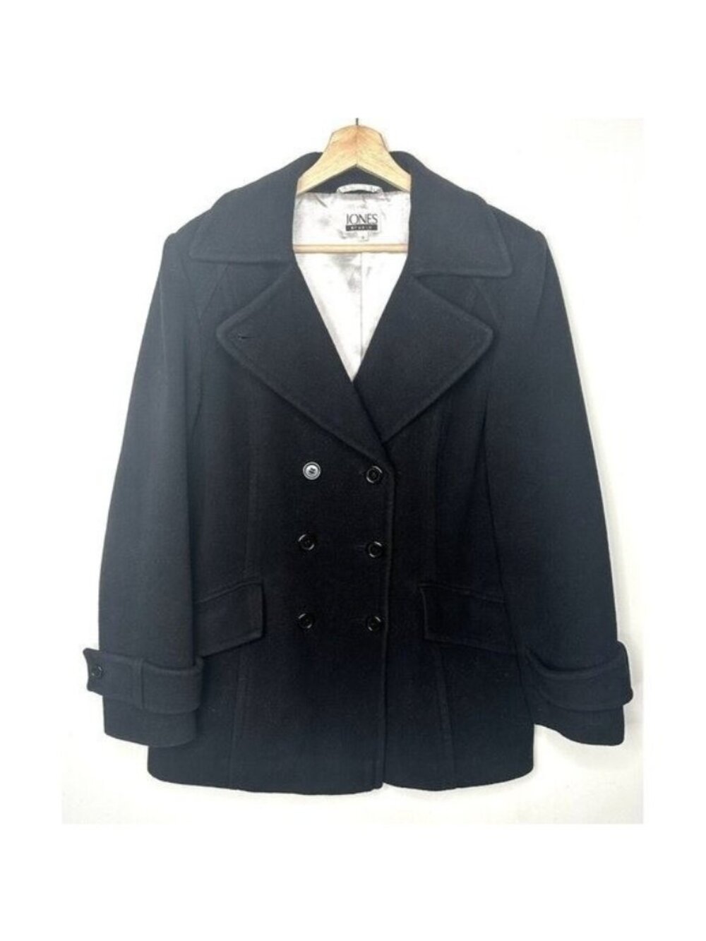 JONES Studio Womens Size 8 Wool Blend Peacoat Black Double Breasted Belted Cuffs